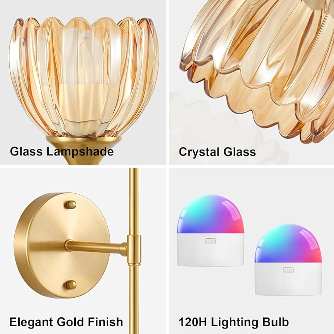 Vintage Battery Operated Wall Sconce Set of 2, Amber Tulip Glass Lampshade Wireless 5300 mAh Rechargeable Battery Powered LED Wall Light with Remote Dimmable for Bedroom Bathroom Living Room
