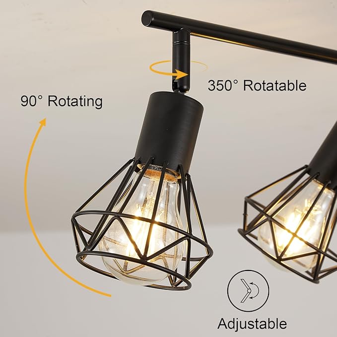 3-Lights Black Track Lighting Fixture Ceiling,Adjustable Semi Flush Mount Ceiling Light Fixture Multi-Directional Rotatable Kitchen Track Lighting Fixtures with Geometric Cages for Dining Room