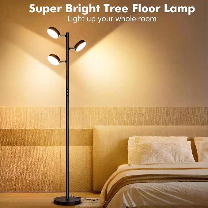 Tree Floor Lamp for Living Room - Modern Black Standing Lamp | LED Floor Light with Remote & Touch, 3000K-6000K Dimmable for Bedroom Office Reading (3 Head)