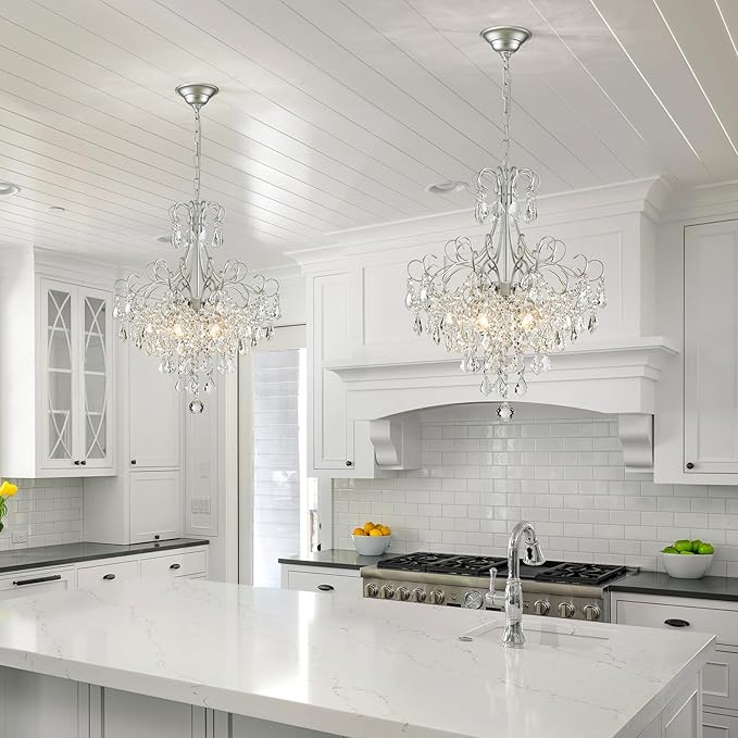 WUZUPS Crystal Chandelier 5-Light Pendant Ceiling Light Modern Lighting Fixture for Dining Room Hallway Bedroom Kitchen Bathroom, H 22.4" x W 18.3", E12 Base, Silver