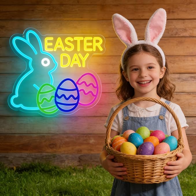 Easter Neon Sign Bunny Led Sign Egg Lights for Wall Decor Dimmable Happy Easter Rabbit Sign Decor for Party Door Window Easters Gifts for Kids