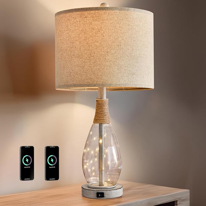 23" USB A+C Table Lamp for Bedroom Living Room Modern Bedside Lamps Retro Farmhouse Rattan Glass Nightstand Nightlight Lamps (White),Two Light Points