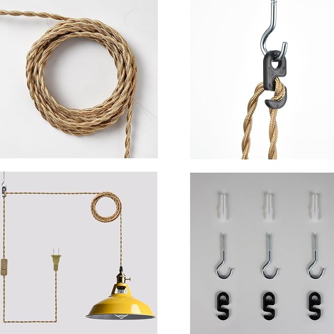 YUBOLE Nordic Plug in Hanging Pendant Light with Yellow Metal Barn Shade | 10.6"W Barn Shade, E26 Hanging Swag Light Fixture with Switch for Kitchen Bedroom Foyer Dining Bar Reataurant Cafe Loft