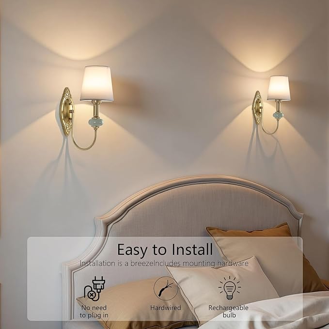 Vintage Battery Operated Wall Sconce Set of 2, Gold LED RGB 15 Color | Dimmable Wireless Wall Sconces with Remote Control, Antique Fabric Rechargeable Wall Lights for Bedroom Living Room Hallway
