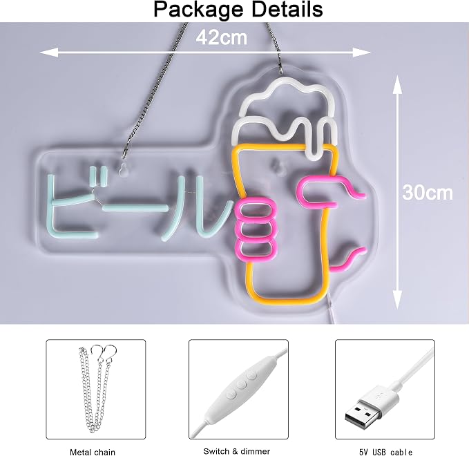 jomobuty Japanese Beer Neon Sign LED Neon Light for Business Wall Decor with Dimmable Switch for Bar Club Party Restaurant ビール Japanese Style USB Powered 16.1" x 11.8"