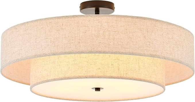 25.6" Black Semi Flush Mount Ceiling Light,5-Light Linen Shade | Large Modern Fabric Drum Light Fixture,E26 Base for Living Room ,Bedroom ,Kitchen ,Dining Room ,Hallway,Closet,Laundry Room