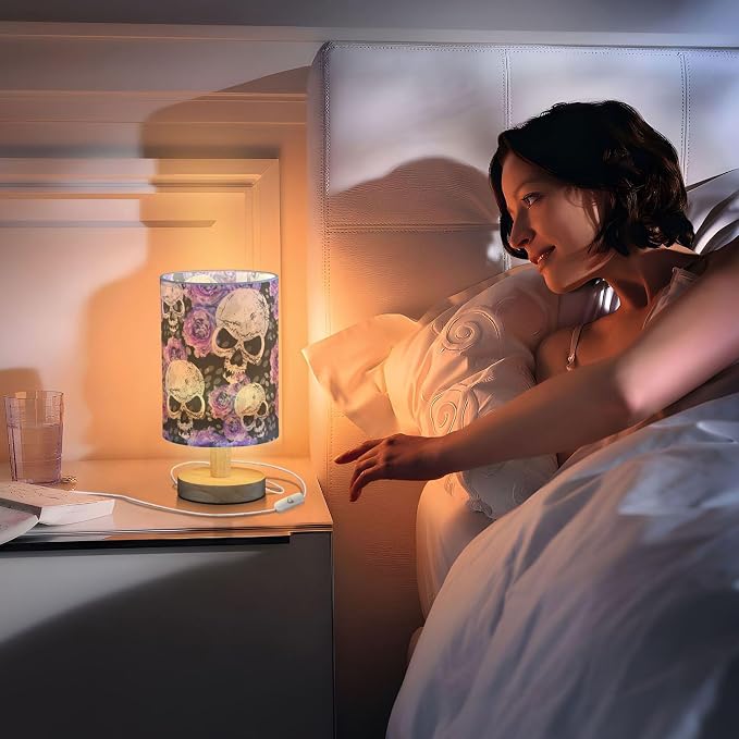Gothic Pattern Table Lamp with Wood Base and Fabric Shade - Purple, Blue Rose Flower Design for Nightstand, Bedside, Desk, Living Room, Bedroom, Kids Room, Office