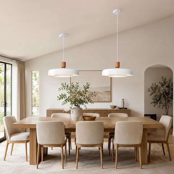 Mid Century White Pendant Light: 20" 2-Tiered Modern Nordic Metal Lighting | Wood Brass Iron Hanging Ceiling Light, Kitchen Pendant Lighting Over Island, Dining Room Bedroom Hallway Entryway Chandelier