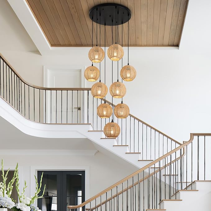 Round 9 Light Boho Pendant Light Rattan Hanging Lamp | Hand Woven Wicker Small Chandelier Hanging Lights Fixture for Bedroom Kitchen Hallway Foyer