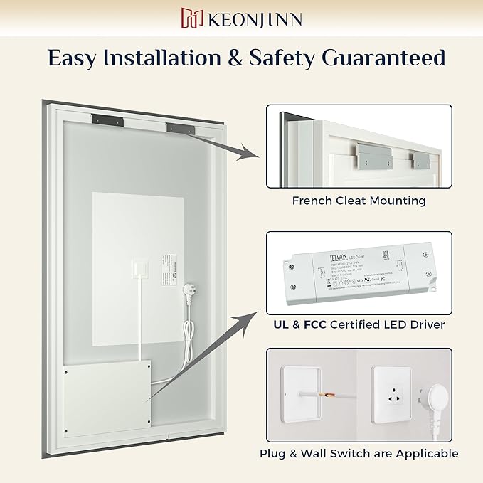 Keonjinn LED Backlit Mirror 84” x 36” Oversized Lighted Bathroom Mirror with UL Listed LED Driver, Large Stepless Dimmable Wall Mirror, Tempered Glass, CRI90+ Anti Fog Vanity Mirror with Backlights