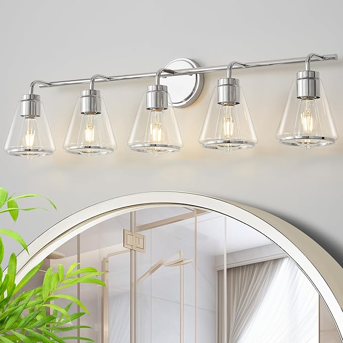 Bathroom Vanity Light 5 Lights Modern Vanity Lighting Fixture for Bathroom 38.5" Large Vanity Lights with Clear Glass Shade Polished Nickel Bath-Room Lighting Fixtures Over Mirror Wall Sconces