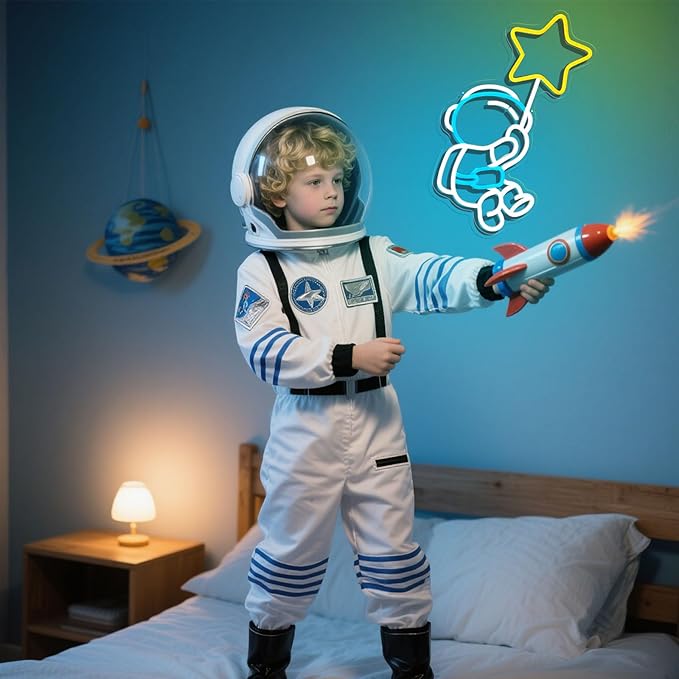Astronaut Star Neon Sign Spaceman LED Neon Light for Wall Decor Dimmable Astronaut Holding Stars Signs Lights Space Decor for Boys Christmas Gift, Kids, Game Room, Man Cave