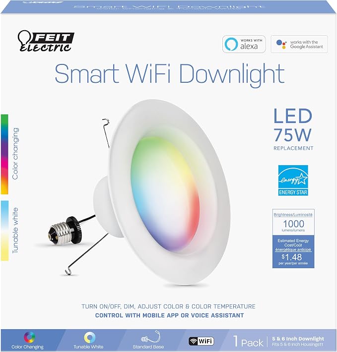 Feit Electric Smart Recessed Light, Fits Most 5-6" Can Housing, Works with Alexa or Google Assistant, Dimmable, 75W Equiv, 1000 Lumens, 2.4GHz WiFi Color Changing Downlight, LEDR6/RGBW/AG/2/4, 8 Pack
