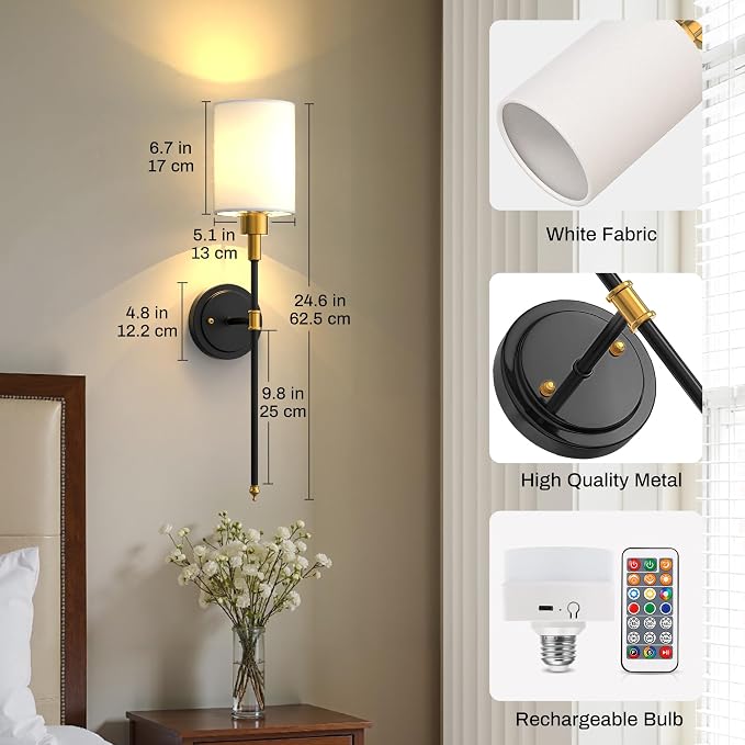 Battery Operated Wall Sconce: Set of 2 Wireless Wall Lights with 12000mAh | 15 Color Rechargeable Wall Sconces, Not Harwired Sconce Wall Decor Set of 2 for Bedroom, Living Room, Gold and Black 24.3in