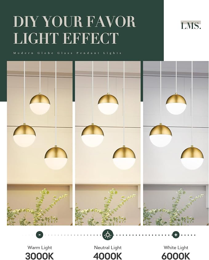 Brushed Gold 3-Light Cluster Pendant Lights, Modern Kitchen Island Lighting with White Globe Glass Shade, Adjustable Hanging Cord Ceiling Light for Bathroom Bedroom Dining Room, LMS-186BG3