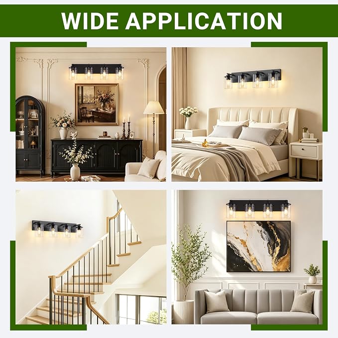 4-Light Bathroom Lighting Fixtures Over Mirror, Matte Black Bathroom Vanity Lights with Clear Glass Shade, Modern Vanity Lighting Fixtures for Living Room, Bedroom, Hallway