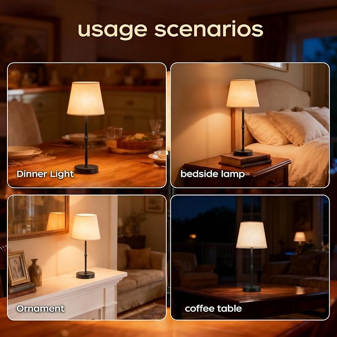 Cordless Table Lamp Rechargeable, 6000mAh Battery Operated LED Lamp with USB-C, Touch Control Stepless Dimmable Small Black Fabric Lamp for Kitchen Counter, Small Spaces, Bedroom, Living Room