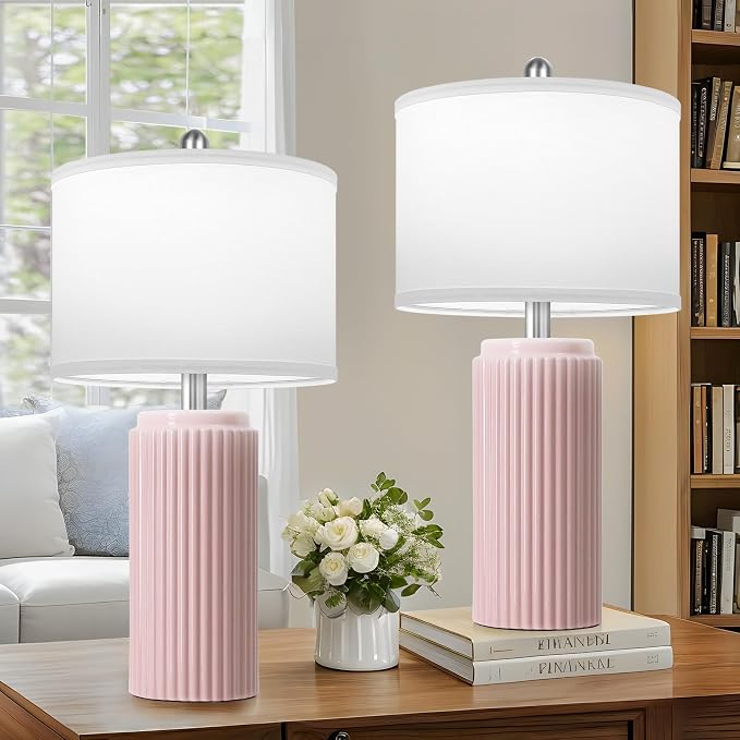23.5" Pink Ceramic Table Lamps Set of 2, Modern Nightstand Lamps | Bedside Table Lamps with White Linen Shade, Ideal Size, Farmhouse Home Decor for Living Room Bedroom Office End Table Dorm