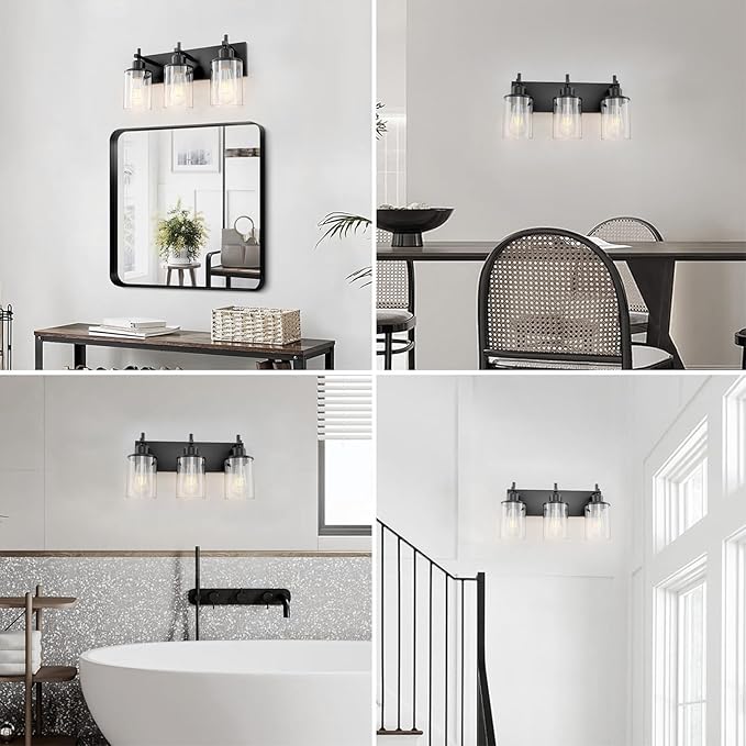 3-Light Black Bathroom Light Fixture Over Mirror Modern Farmhouse Bathroom Vanity Light Vintage Wall Lighting with Clear Glass Shade for Bathroom, Bedroom, Hallway, Cabinet