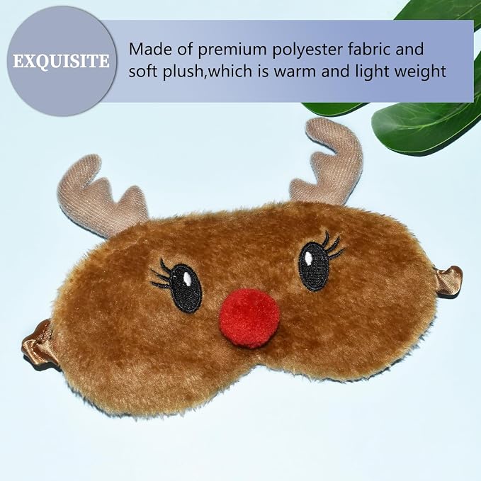 Christmas Reindeer Sleep Mask Cute Antler Eye Masks Sleeping Soft Plush Cartoon Blindfold Funny Animal Eye Cover Xmas Presents for Women Men (Xmas Reindeer,Brown)