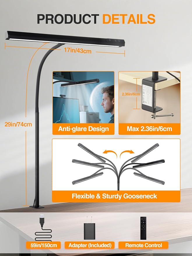 Desk Light,1000 Lumen Bright+5 Color+9 Brightness LED Desk Lamp with Remote | 12W Dimmable Monitor Light Bar with AUTO-Timer, USB Adapter Desk Lamps for Home Office, Study, Computer, Craft, Drawing Table