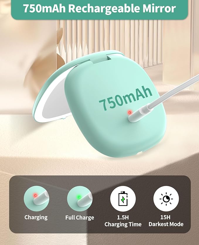 WOBSION Rechargeable Lighted Travel Makeup Mirror,1x/10x Compact Magnifying Mirror with Lights,Portable for Bag,4inch,Gift,Cyan