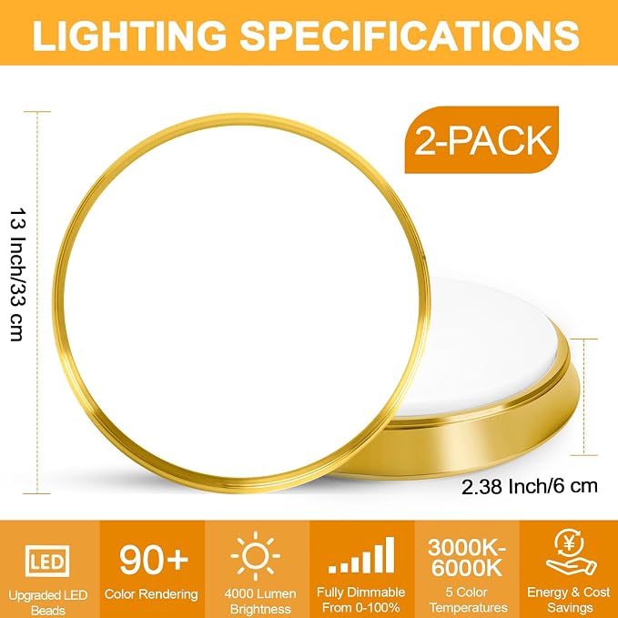 13 Inch Dimmable Flush Mount LED Ceiling Light Fixtures, 2-Pack Gold LED Ceiling Lights with 5 Color Temperatures (2700K/3000K/4000K/5000K/6500K), Modern Round LED Lights for Kitchen Living Room