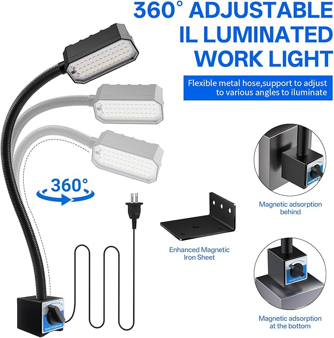 Magnetic Work Light, 2000 Lumen Magnetic Light with Strong Magnetic Base, Workshop Tool Light for Lathe, Sewing, Garage Workbench, Woodworking Shop and Bandsaw, 98-inch Extended Cord, Black