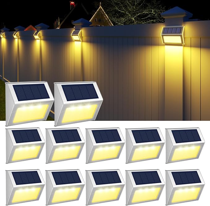 JSOT Solar Powered Lights Ideal for Step, Fence, Deck, Stair-Warm White-12P | Stainless Steel, Waterproof, Automatic Dusk to Dawn, Anti-Rust, Energy Efficient, Perfect for house decor