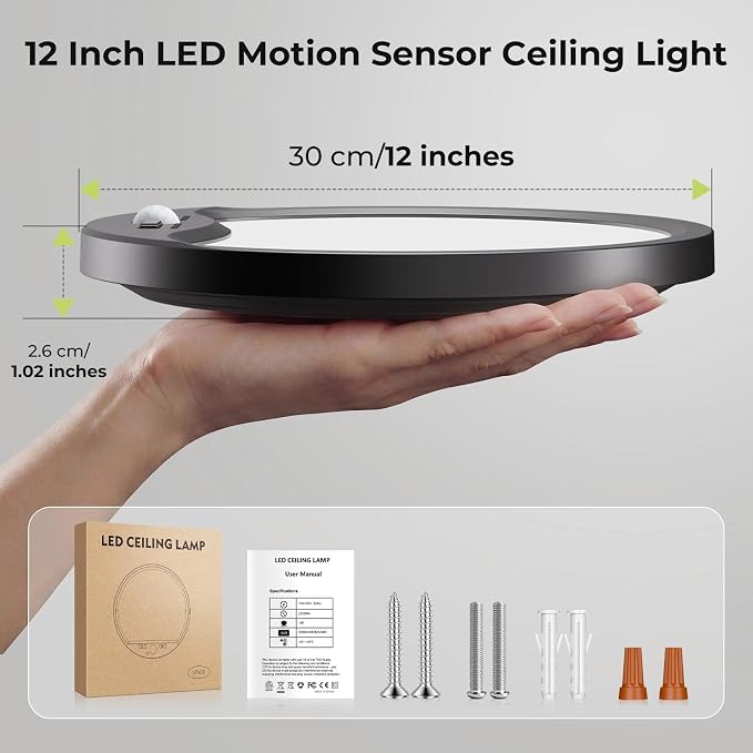 hepside 4 Pack Motion Sensor Ceiling Light Wired, 3000K/4000K/6500K LED Flush Mount Ceiling Light Fixture, 12Inch 24W Motion Sensor Light with Timer for Closet Stair Porch Hallway Pantry,Black