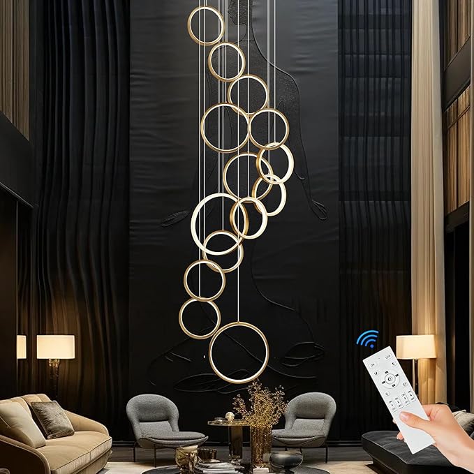 14 Rings Modern LED Chandelier for High Ceiling Dimmable Gold Contemporary Foyer Long Chandelier for Entryway, Long Pendant Light Fixture Staircase Dining Living Room, 3000-6500K