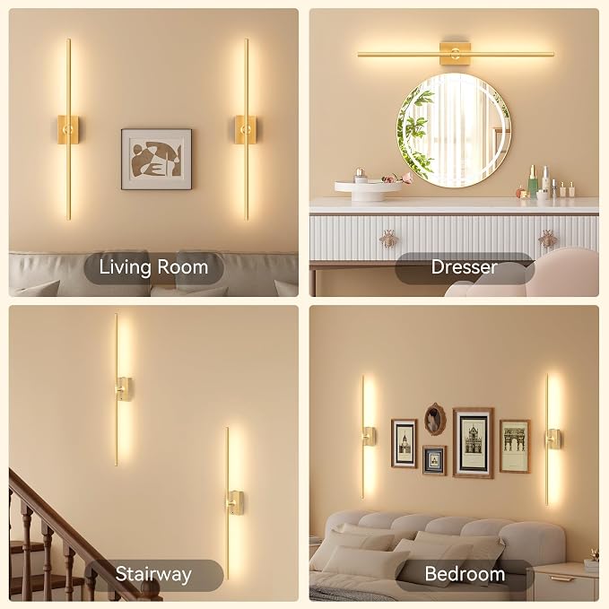 Battery Operated Wall Sconces Set of 2, 10000mAh Wireless Rechargeable 3000-6000K Dimmable 350° Rotate Wall Light with Remote for Living Room, Bedroom 31.6in Gold
