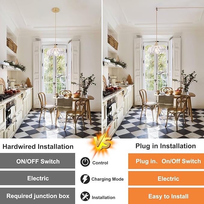 Plug in Pendant Light Hanging Light Fixtures with Plugin Cord On/Off Switch,Clear Scindapsus Glass Lampshade Brass Pendant Light