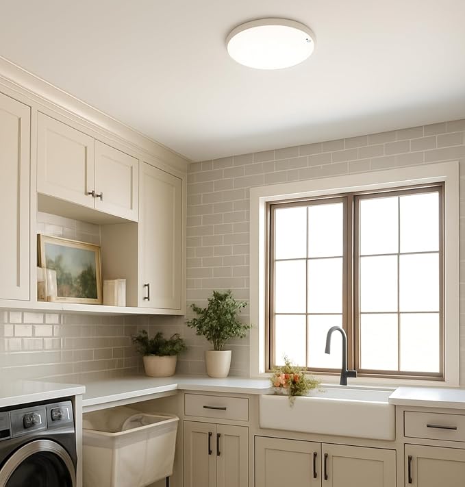 Motion Sensor Ceiling Light Hardwired, 9 Inch 18W Flush Mount Closet Light, 1800 Lm, 5 CCT 2700/3000/3500/4000/5000K, 4 Brightness Settable, Rimless 10% Standby Bi-Level with Delay Off, ETL Listed
