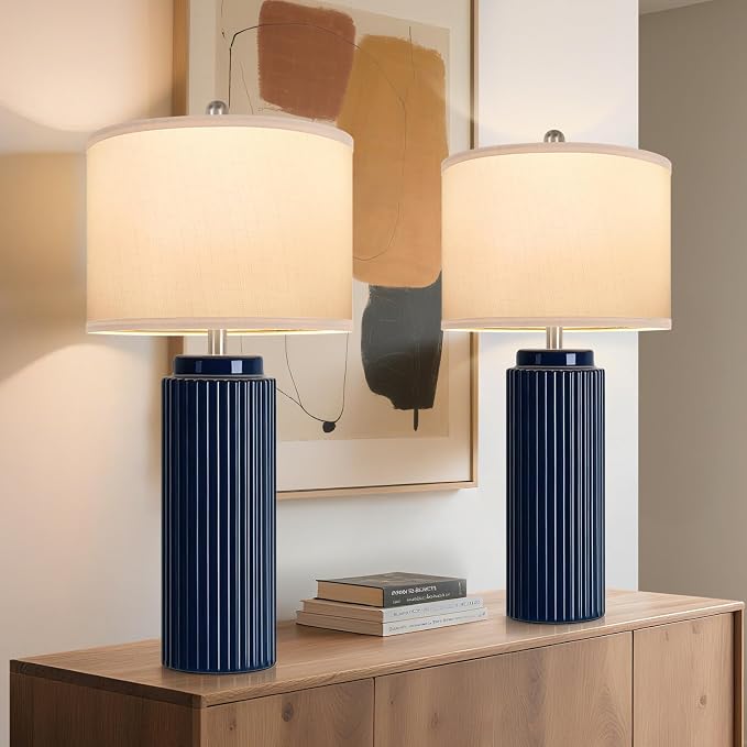 28" Dark Blue Ceramic Table Lamps Set of 2, Modern Nightstand Lamp | Bedside Table Lamps with White Linen Shade, Larger size, Farmhouse Home Decor for Living Room Bedroom Office End Table Dorm