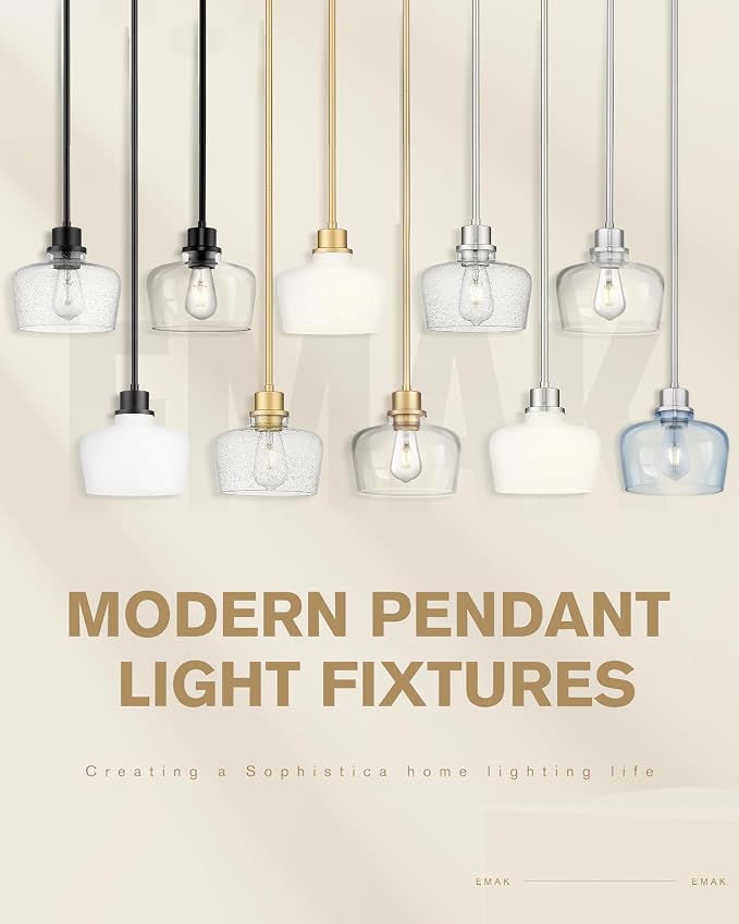 Emak 1-Light Painted Gold Pendant Light with Milk Glass Shade, PL122-GD-ML | 8-inch Milk Glass Shade for Soft Light; Vintage Bell-Shaped, 42-inch Adjustable Rods. For Kitchen & Dining rooms. UL Listed.