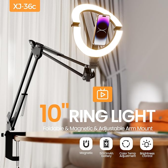 10" Magnetic Ring Light Overhead Camera Phone Mount, XINBAOHONG LED Selfie Light with Stand and Phone Holder, Rechargeable Desk Light for Video Recording