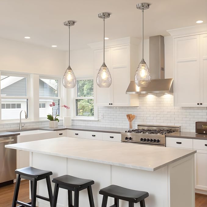 Brushed Nickel Pendant Lights Kitchen Island 2 Pack, Modern Glass Pendant Light Fixtures with Hammered Glass and Rods, Adjustable Small Hanging Light for Kitchen Sink Dining Room Bathroom