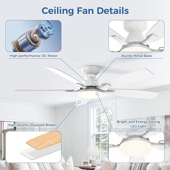 52 Inch Ceiling Fans with Lights, Remote & App Control, Quiet Reversible DC Motor, 6 Speeds, Dimmable 3CCT LED Light, Low Profile Flush Mount Ceiling Fan for Bedroom Living Room, White