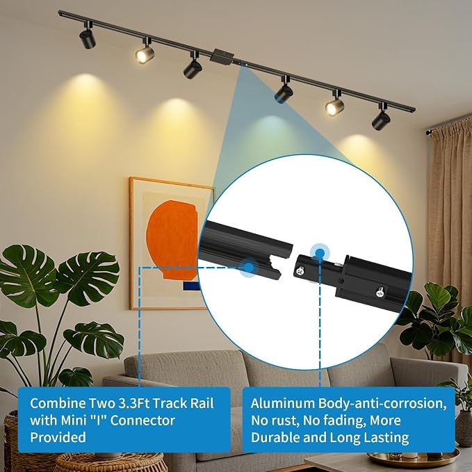 2-Set 5-Color 6-Light LED Track Lighting Kit with 6.6FT H Type Track Lighting Rail, DimmableTrack Lights with Floating Canopy, Ceiling Spot Light Flicker Free, CRI90+, 36° Beam 10W 800lm, Black