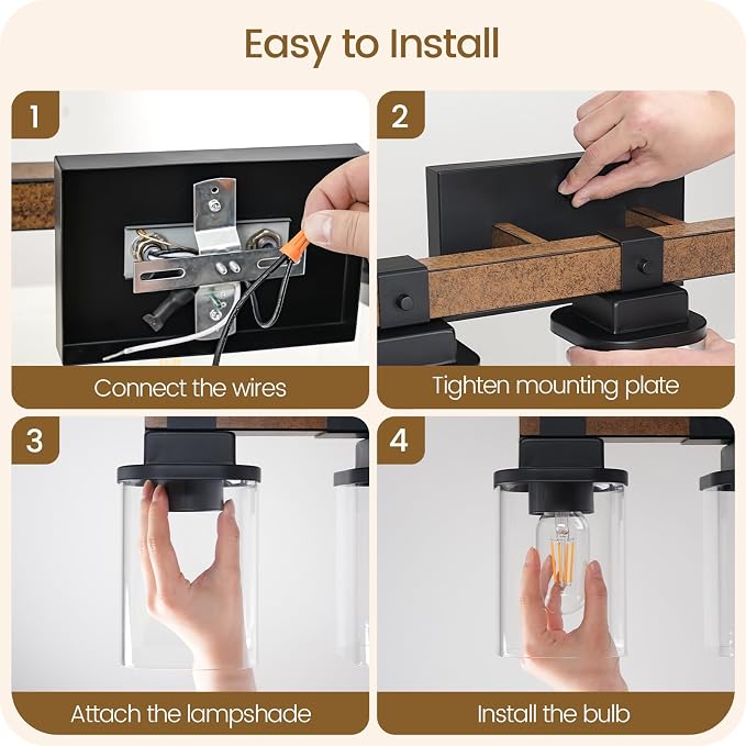 6-Light Bathroom Light Fixtures, Farmhouse Vanity Lights for Bathroom with Glass Square Shade, Rustic Vanity Lights, Sconce Wall Light, E26 Base (Bulbs Not Included), ETL Listed FS12BD05