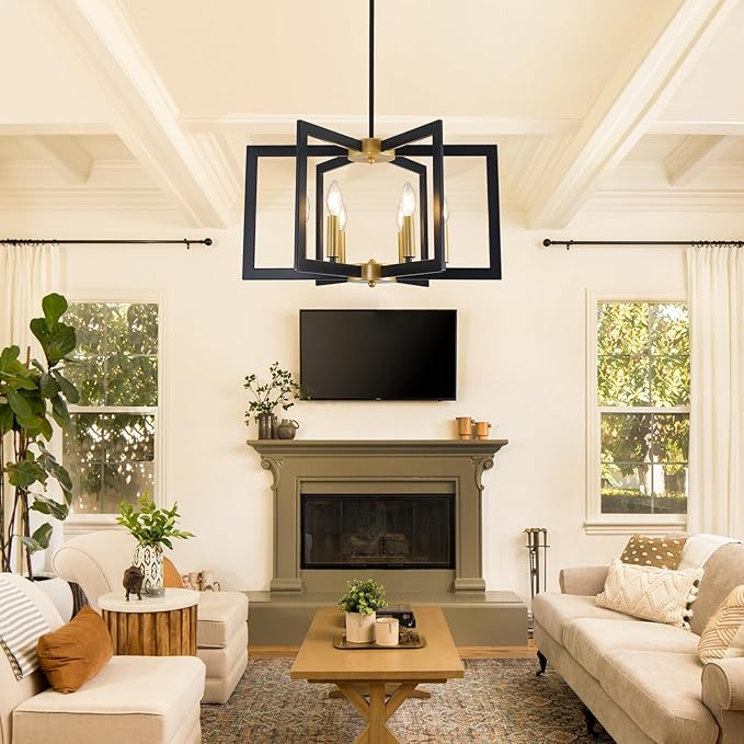 21.6" Black and Gold Chandelier,6-Light Geometric Dining Room Fixture,Modern Industrial Foyer Lighting Fixtures,Rustic Farmhouse Hanging Pendant Lights for Living Room,Bedroom,Entryway,Kitchen Island