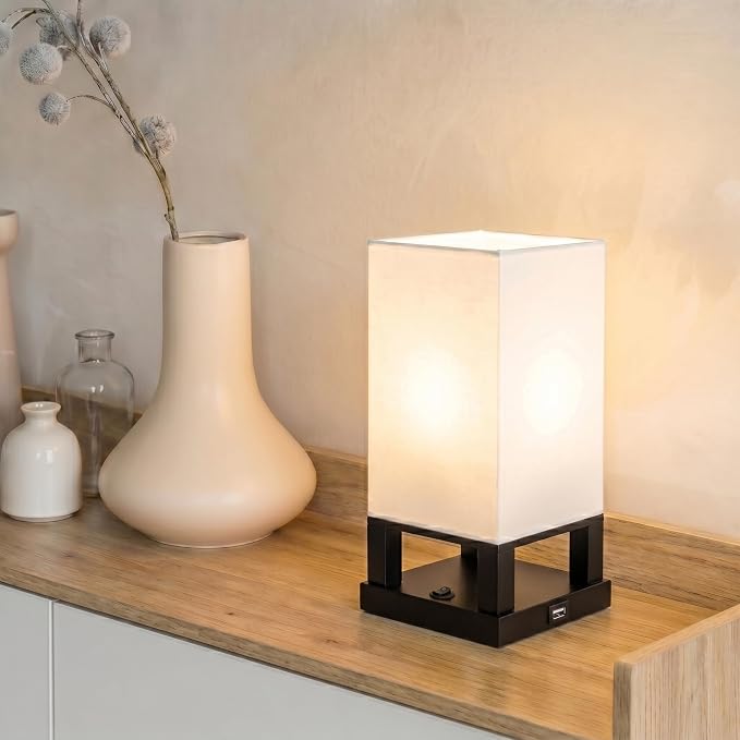 Brightech Maxwell Bedside Lamp with USB Port – Compact Table Lamp for Bedroom, Living Room - Modern Asian Nightstand Lamp with Wood Frame - LED Bulb, Soft Light - Black