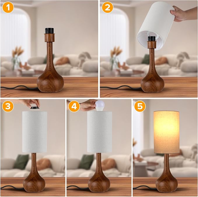 Mid Century Modern Walnut Wood Grain Table Lamp, Touch Control & 3-Way Dimmable, Space-Saving Design, Vintage Bedside Lamp for Bedroom, Living Room, Office (LED Bulb Included)