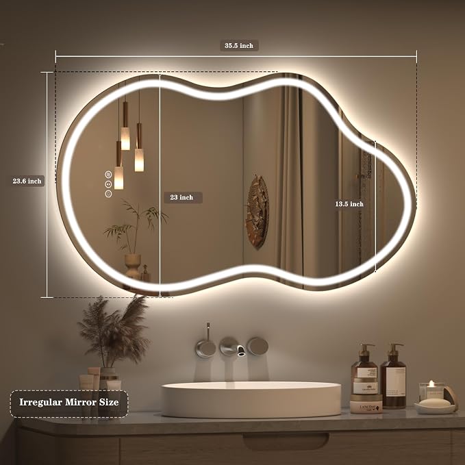 SMIROR 24x36 Irregular Led Lighted Bathroom Vanity Mirror | Asymmetrical, Cloud Shape, Front lighted + Backlit, Anti-Fog, 3 Colors, Dimmable, Memory, Tempered Glass, UL