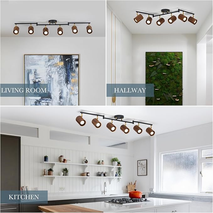Modern 6-Light Track Lighting, 47 inch, Real Wood Adjustable Light Heads, Brass Accent, Matte Black Ceiling Track Lights for Dining Room, Living Room, Kitchen