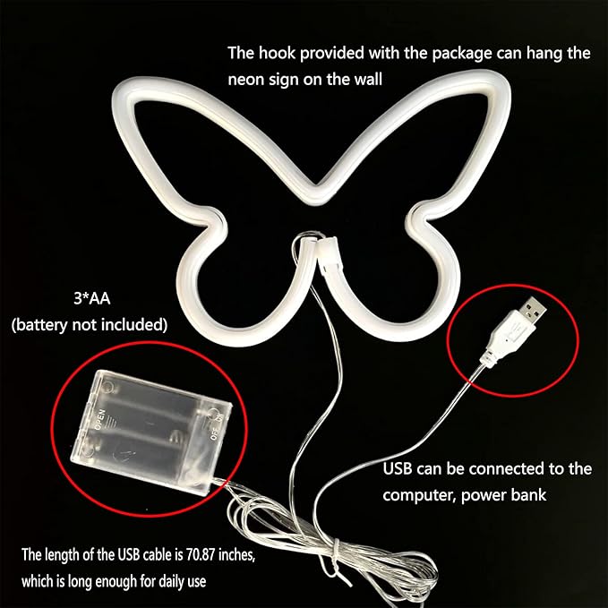 ENUOLI Butterfly LED Neon Decorative Lights, Neon Signs Butterfly Shaped Decor Neon Light,USB/Battery Powered Indoor Wall Decor for Bedroom,Kids Room,Birthday Party,Wedding,Gift(Warm White)