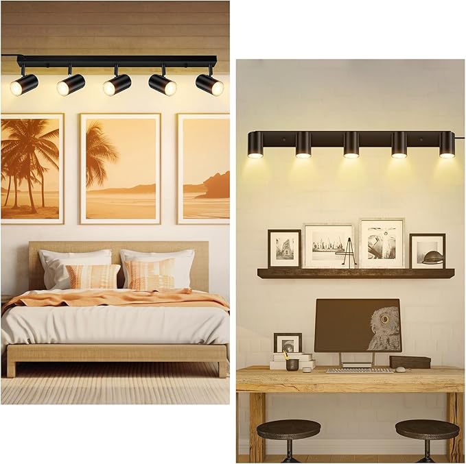 5 Light Track Lighting Kit,Black 5 Way Modern Plug in Ceiling Spotlight,Industrial LED Wall Light for Kitchen Cabinet Gallery Bar Hallway Living Room,Rocker Switch,15 Foot Cord(No Bulb)