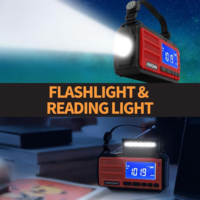 FosPower NOAA Emergency Weather Radio D8 37000mWh Portable Power Bank, AM/FM, USB/Solar/Hand Crank Charging, SOS Alarm & Flashlight for Indoor/Outdoor Emergency - Red