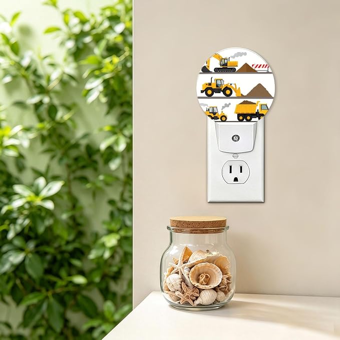 Nightlight Construction Yellow Cartoon Plug-in Night Lights Dusk to Dawn | Excavator Digger Night Light LED Round Lamp with Auto on/off Sensor for Kitchen Hallway Bedroom Bathroom